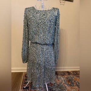 Adrianna Papell Blue Sequin Long Sleeve Cocktail Dress
